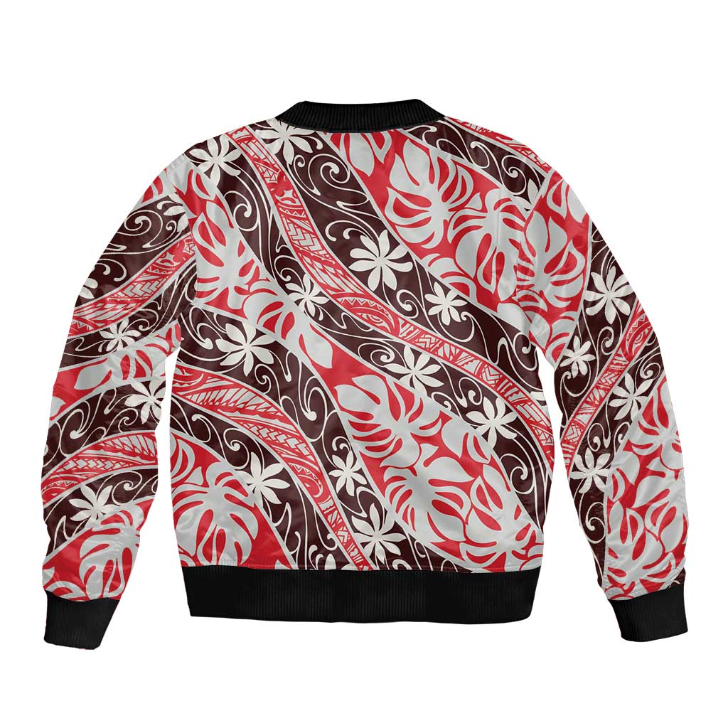 Uteute Tahiti Tiare Monstera Sleeve Zip Bomber Jacket Polynesian Pattern Curve Style - Polynesian Pride