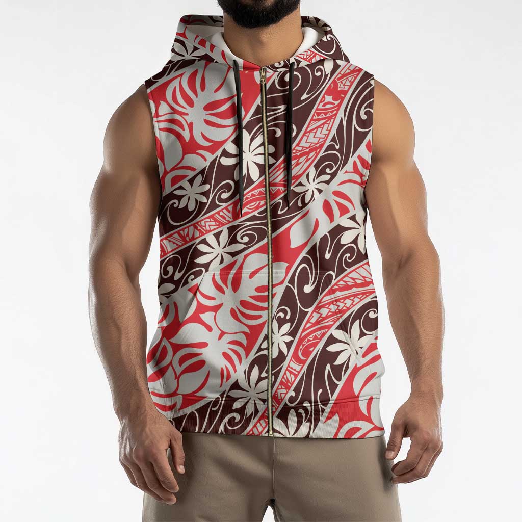 Uteute Tahiti Tiare Monstera Sleeveless Zip Hoodie Polynesian Pattern Curve Style - Polynesian Pride