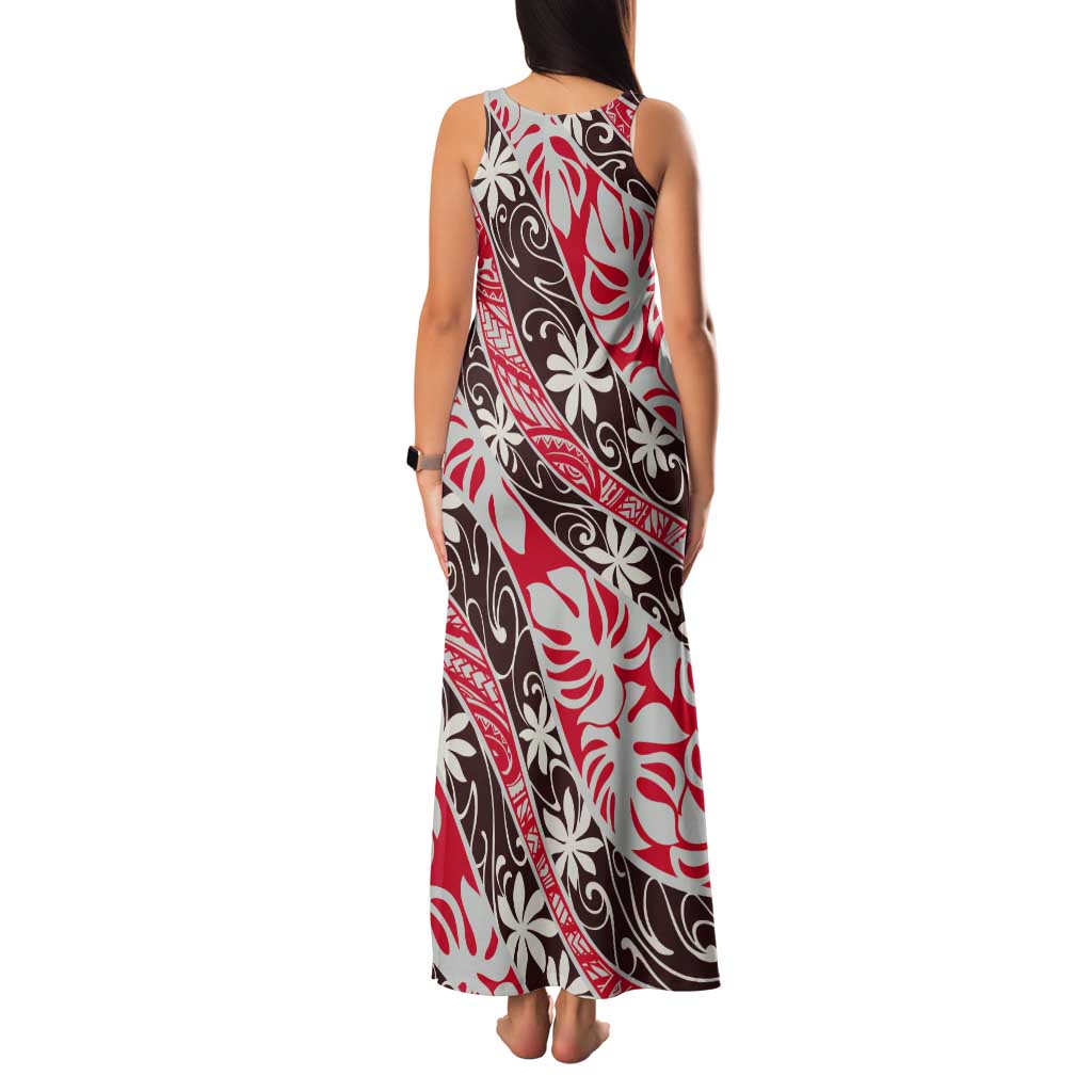 Uteute Tahiti Tiare Monstera Tank Maxi Dress Polynesian Pattern Curve Style - Polynesian Pride