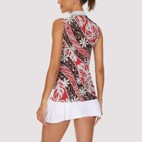 Uteute Tahiti Tiare Monstera Women Sleeveless Polo Shirt Polynesian Pattern Curve Style - Polynesian Pride