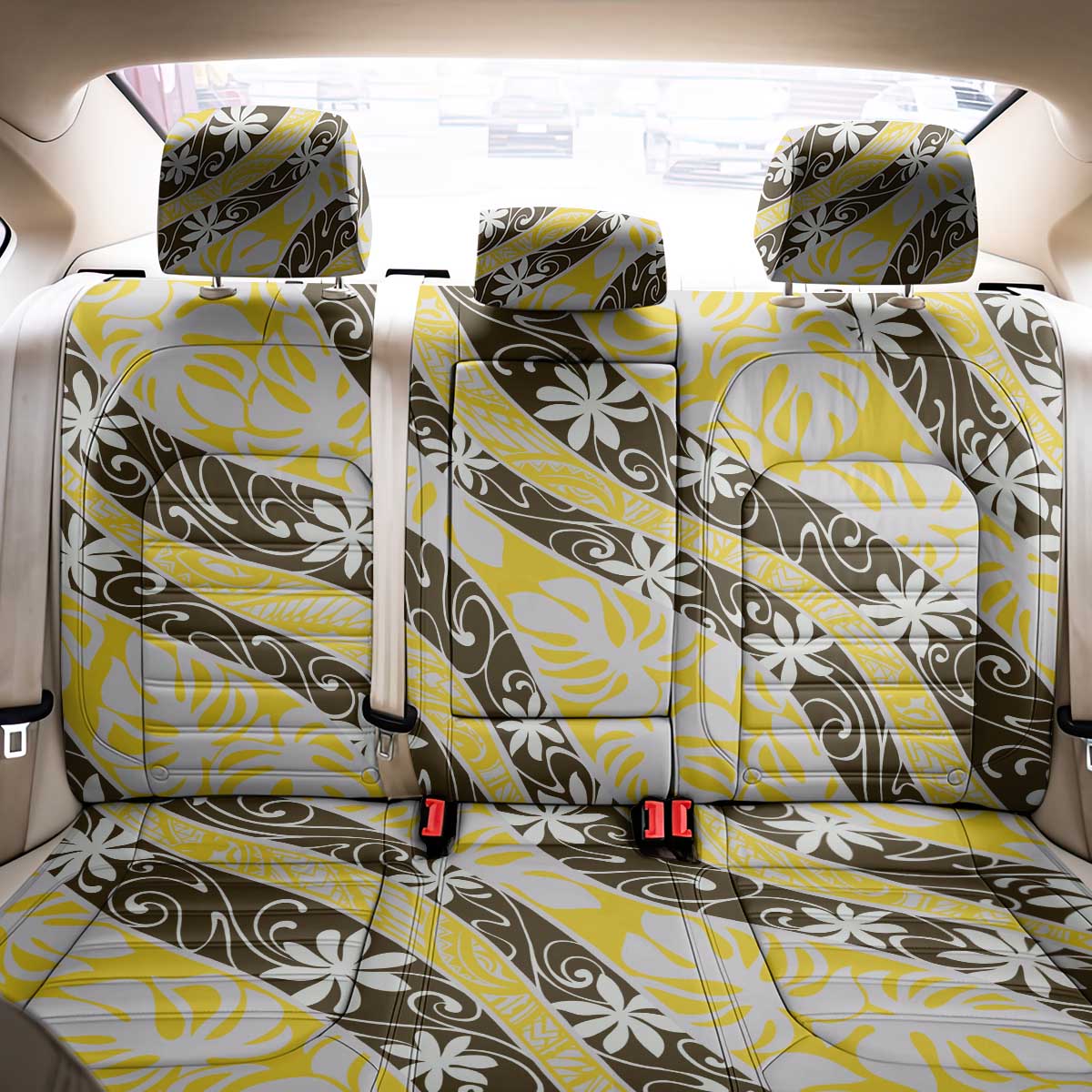 Rearea Tahiti Tiare Monstera Back Car Seat Cover Polynesian Pattern Curve Style - Polynesian Pride
