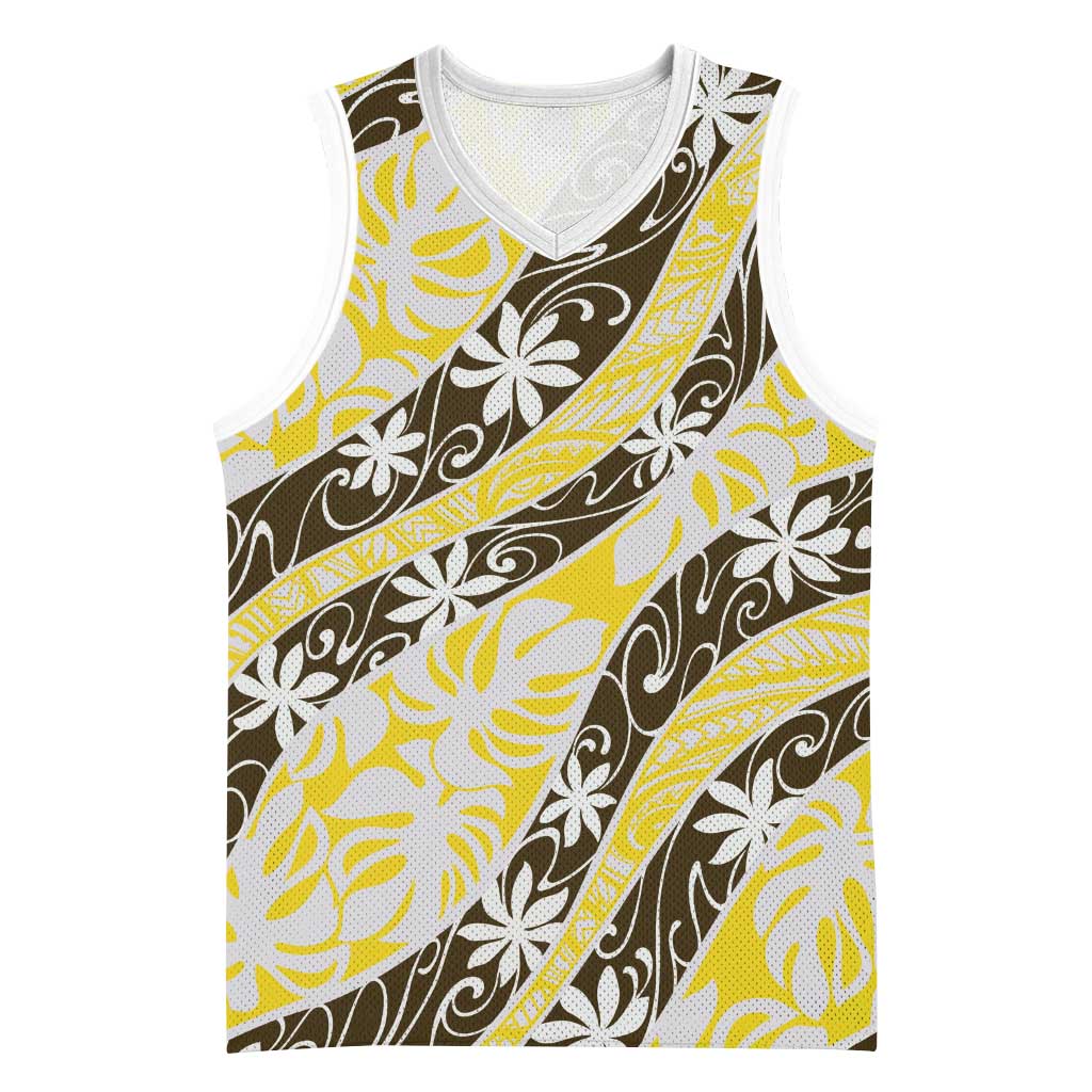 Rearea Tahiti Tiare Monstera Basketball Jersey Polynesian Pattern Curve Style - Polynesian Pride