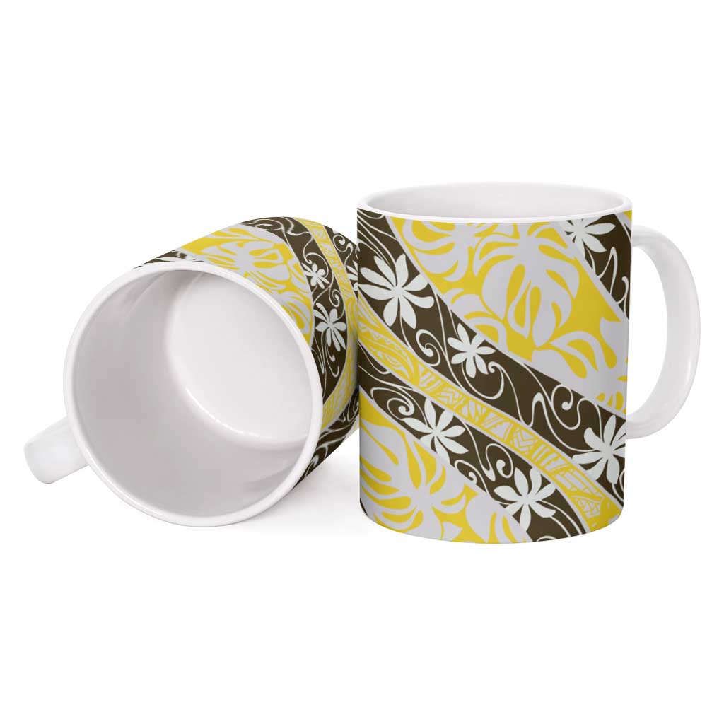 Rearea Tahiti Tiare Monstera Ceramic Mug Polynesian Pattern Curve Style - Polynesian Pride