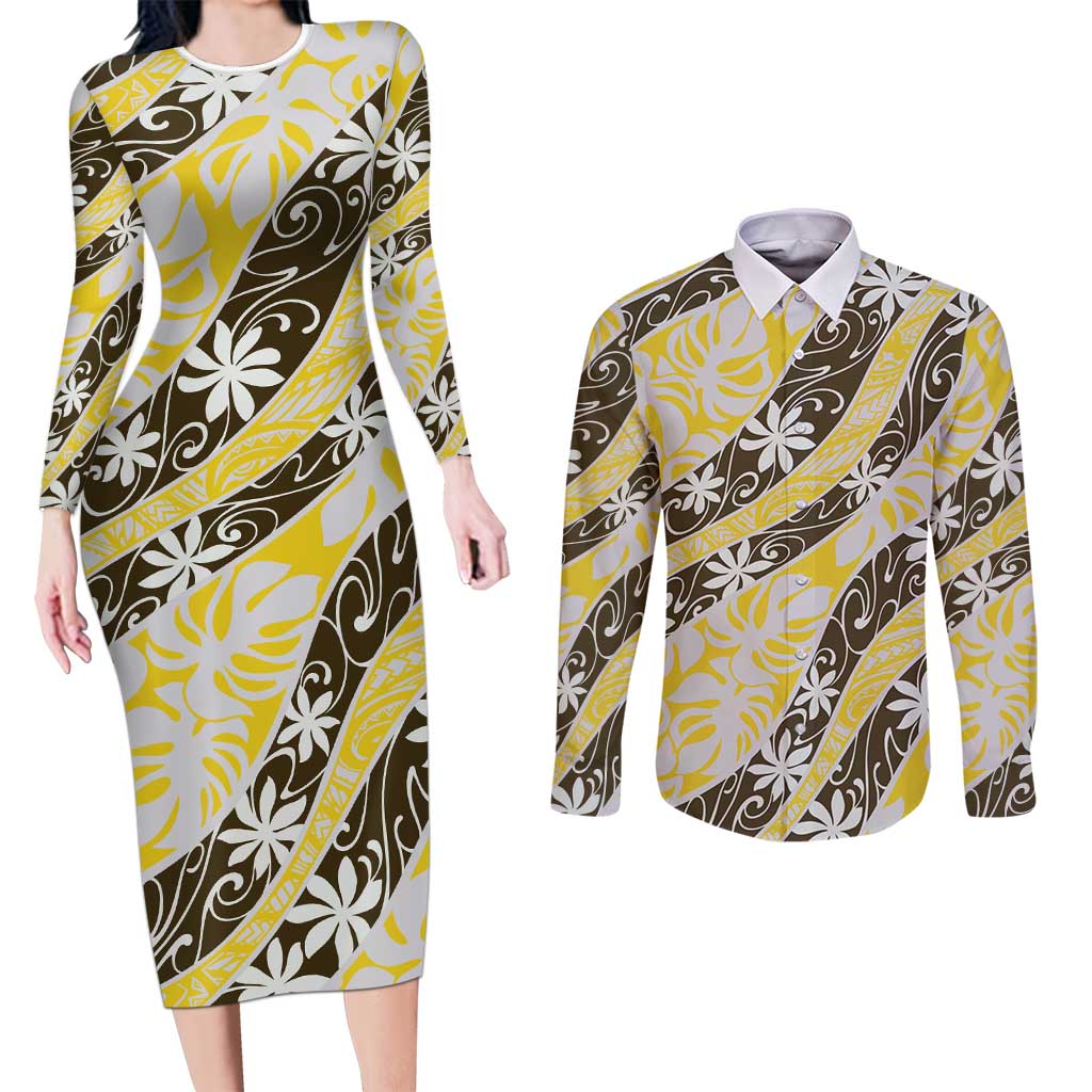 Rearea Tahiti Tiare Monstera Couples Matching Long Sleeve Bodycon Dress and Long Sleeve Button Shirt Polynesian Pattern Curve Style - Polynesian Pride