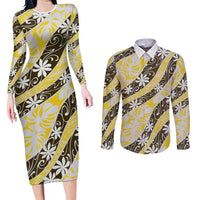 Rearea Tahiti Tiare Monstera Couples Matching Long Sleeve Bodycon Dress and Long Sleeve Button Shirt Polynesian Pattern Curve Style - Polynesian Pride