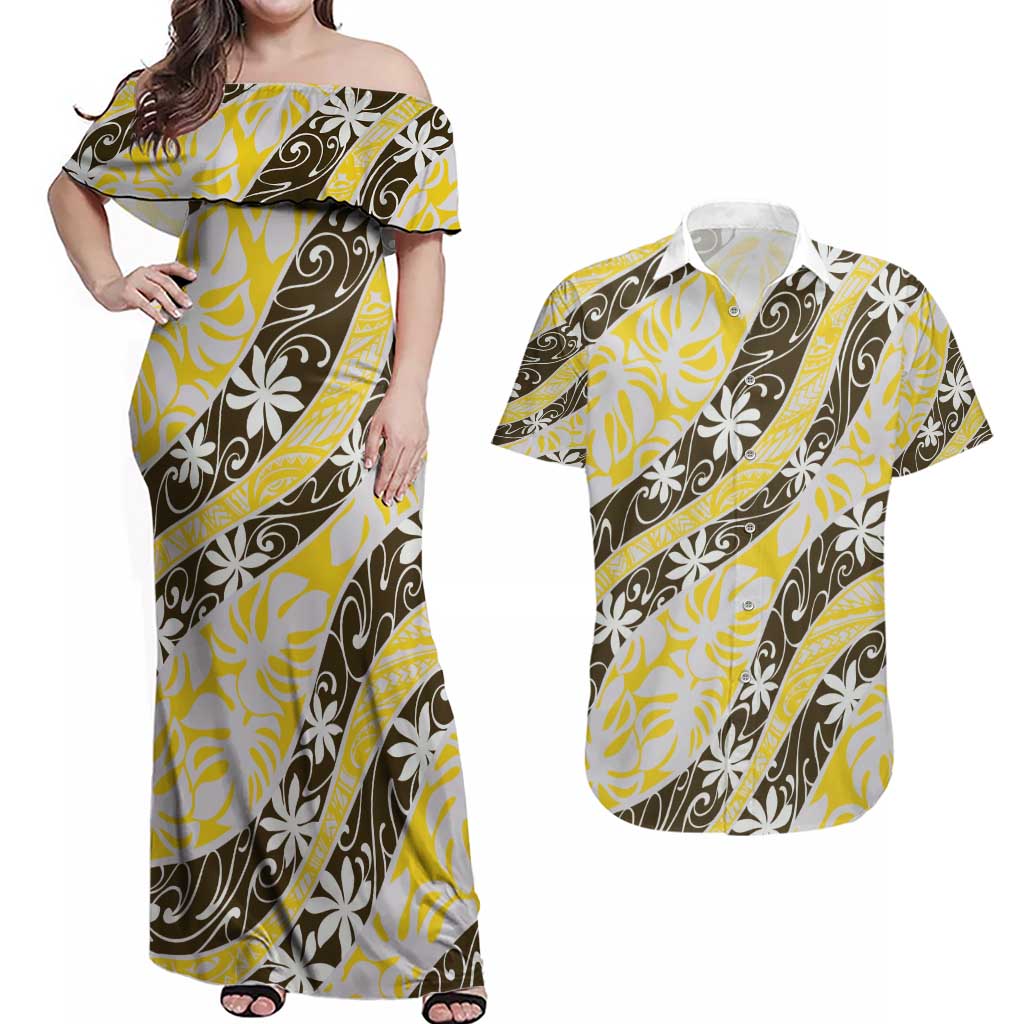Rearea Tahiti Tiare Monstera Couples Matching Off Shoulder Maxi Dress and Hawaiian Shirt Polynesian Pattern Curve Style - Polynesian Pride