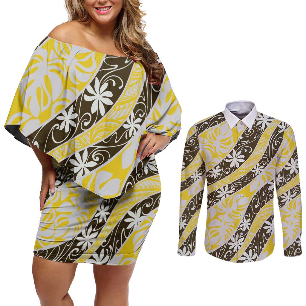 Rearea Tahiti Tiare Monstera Couples Matching Off Shoulder Short Dress and Long Sleeve Button Shirt Polynesian Pattern Curve Style - Polynesian Pride