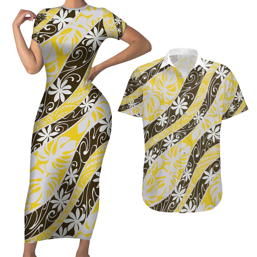 Rearea Tahiti Tiare Monstera Couples Matching Short Sleeve Bodycon Dress and Hawaiian Shirt Polynesian Pattern Curve Style - Polynesian Pride