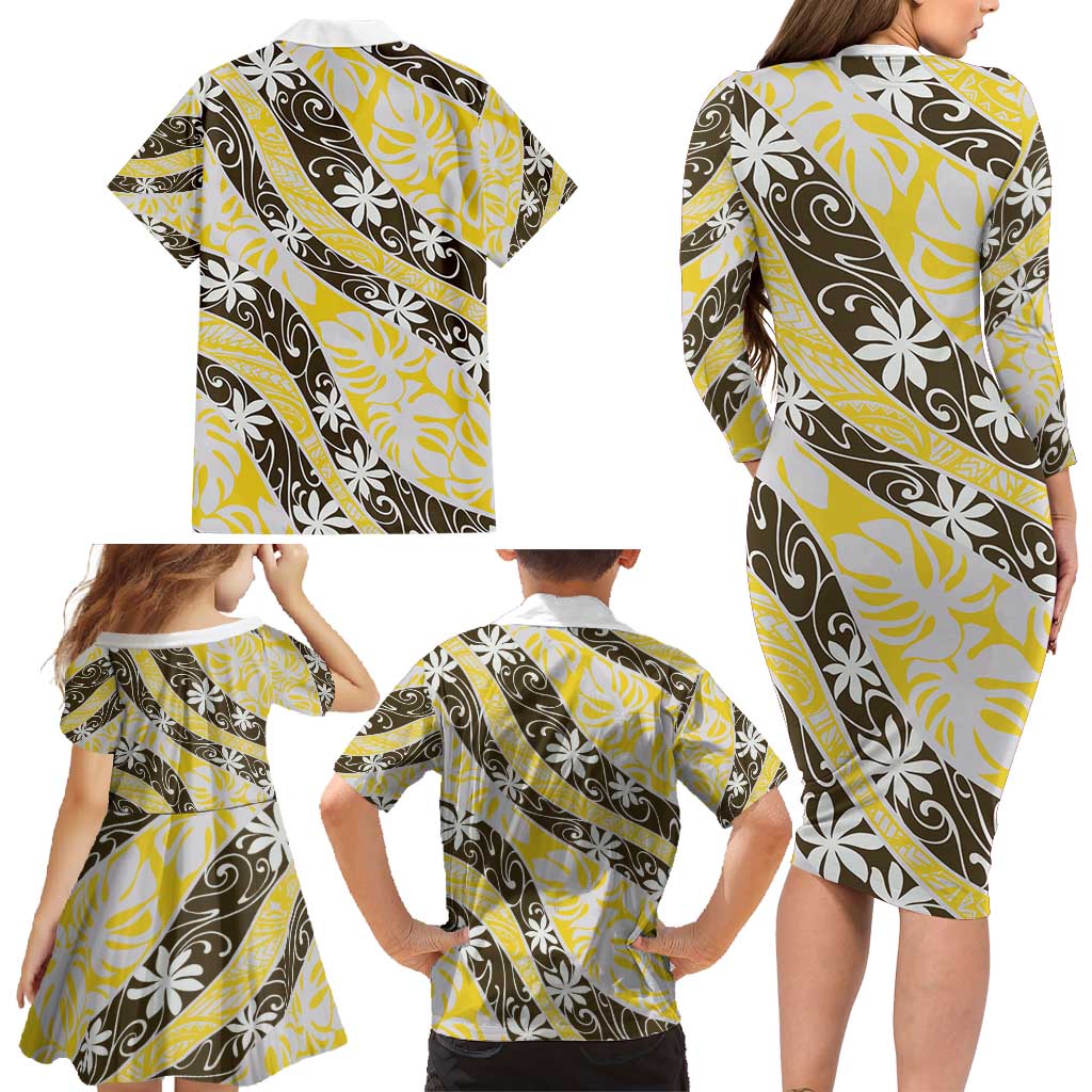Rearea Tahiti Tiare Monstera Family Matching Long Sleeve Bodycon Dress and Hawaiian Shirt Polynesian Pattern Curve Style - Polynesian Pride
