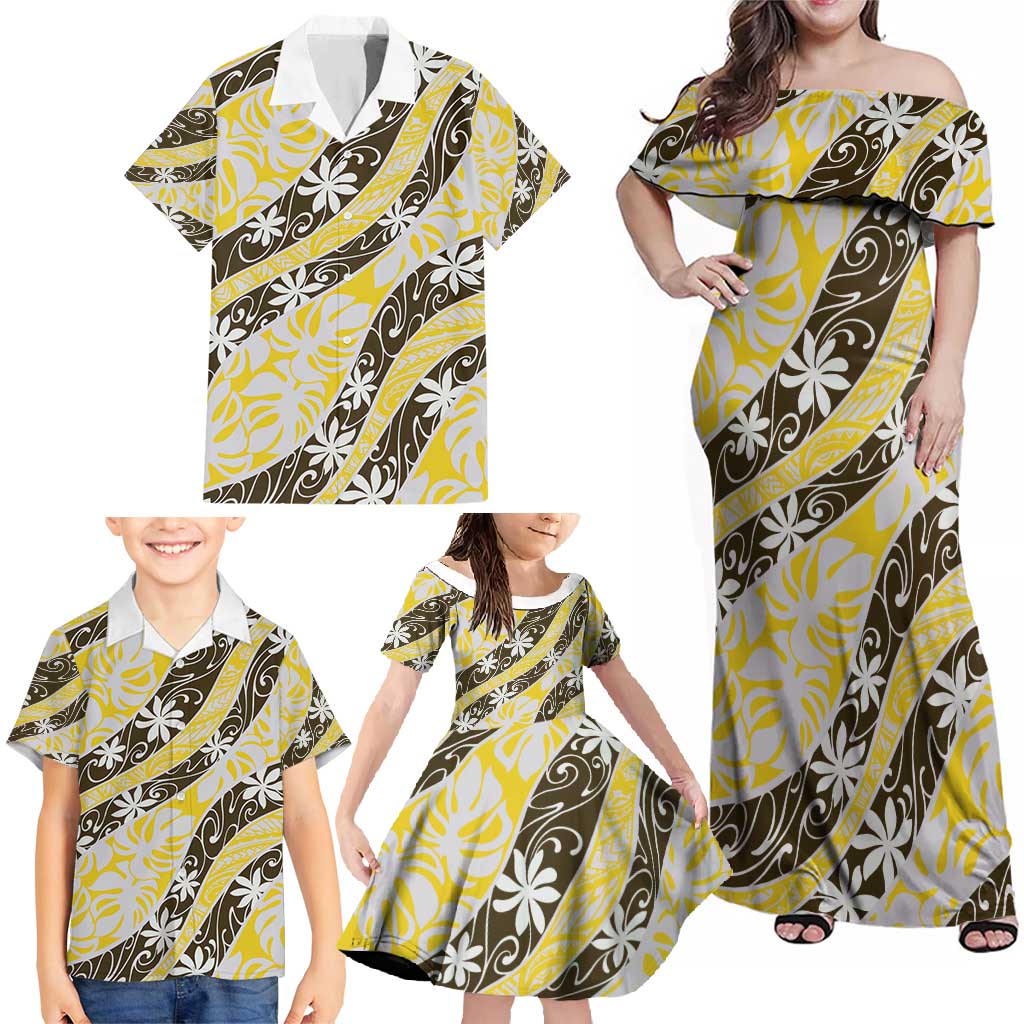 Rearea Tahiti Tiare Monstera Family Matching Off Shoulder Maxi Dress and Hawaiian Shirt Polynesian Pattern Curve Style - Polynesian Pride