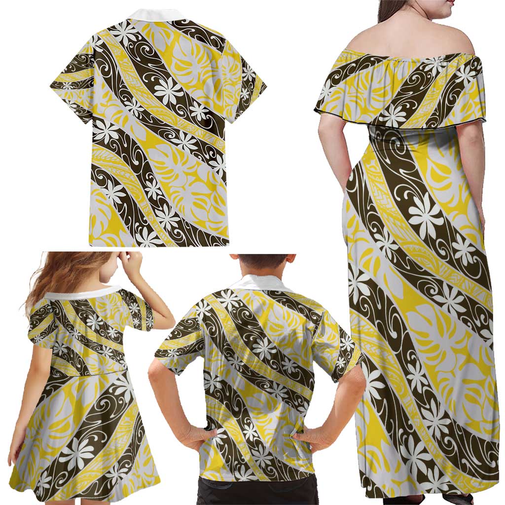 Rearea Tahiti Tiare Monstera Family Matching Off Shoulder Maxi Dress and Hawaiian Shirt Polynesian Pattern Curve Style - Polynesian Pride