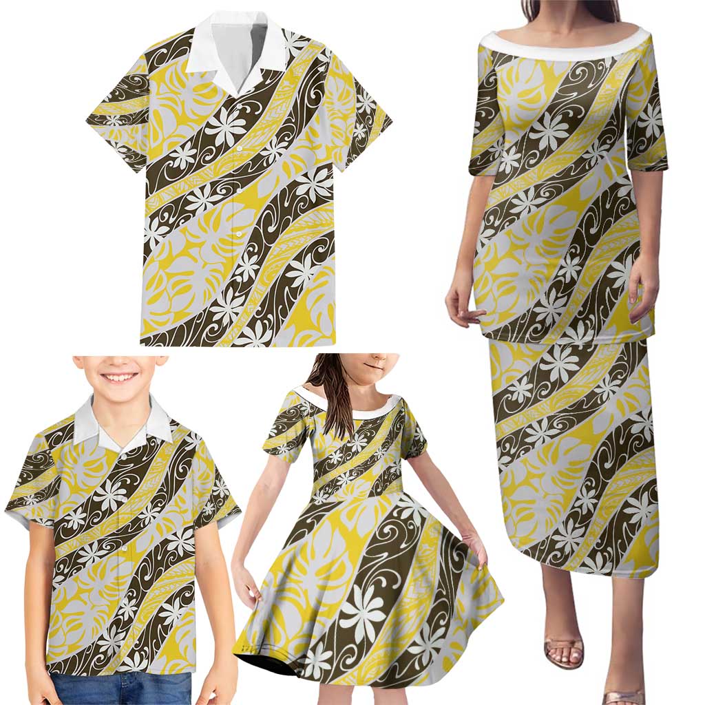 Rearea Tahiti Tiare Monstera Family Matching Puletasi and Hawaiian Shirt Polynesian Pattern Curve Style - Polynesian Pride