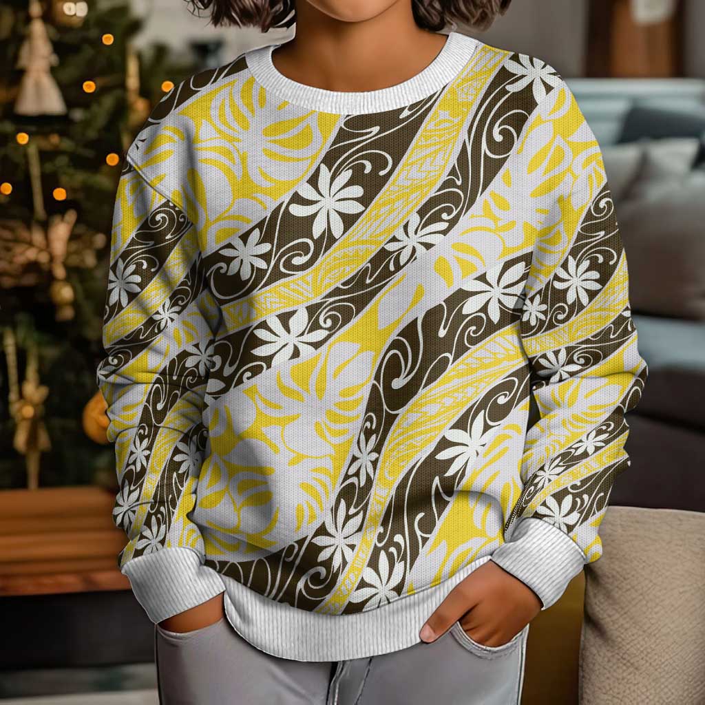 Rearea Tahiti Tiare Monstera Kid Ugly Christmas Sweater Polynesian Pattern Curve Style - Polynesian Pride