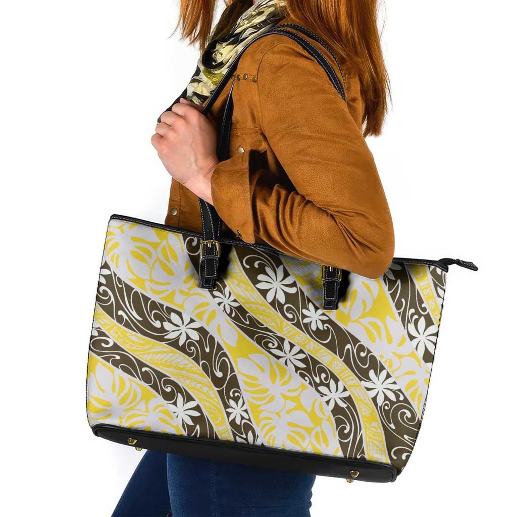 Rearea Tahiti Tiare Monstera Leather Tote Bag Polynesian Pattern Curve Style - Polynesian Pride