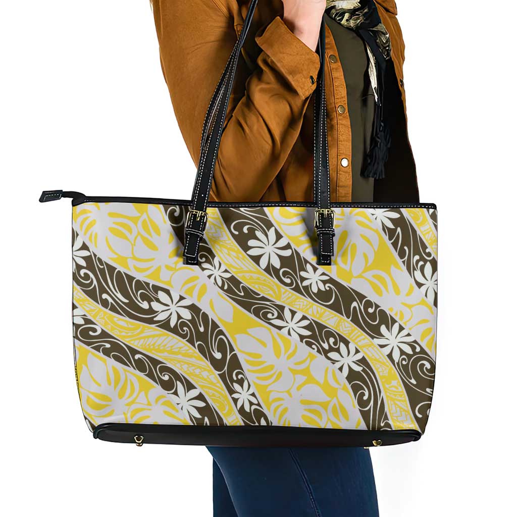 Rearea Tahiti Tiare Monstera Leather Tote Bag Polynesian Pattern Curve Style - Polynesian Pride