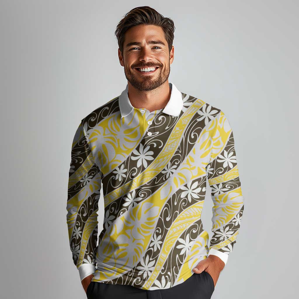Rearea Tahiti Tiare Monstera Long Sleeve Polo Shirt Polynesian Pattern Curve Style - Polynesian Pride