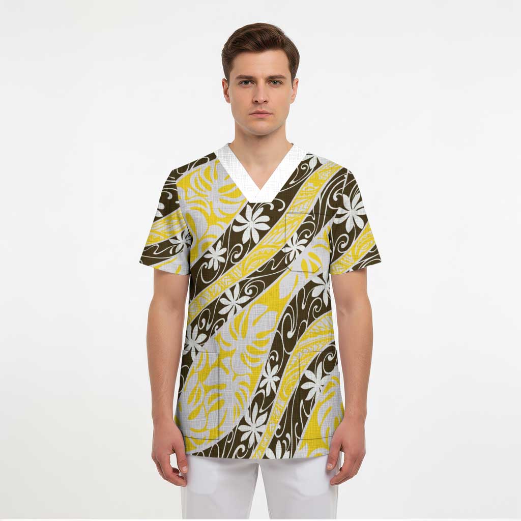 Rearea Tahiti Tiare Monstera Scrub Top Polynesian Pattern Curve Style - Polynesian Pride