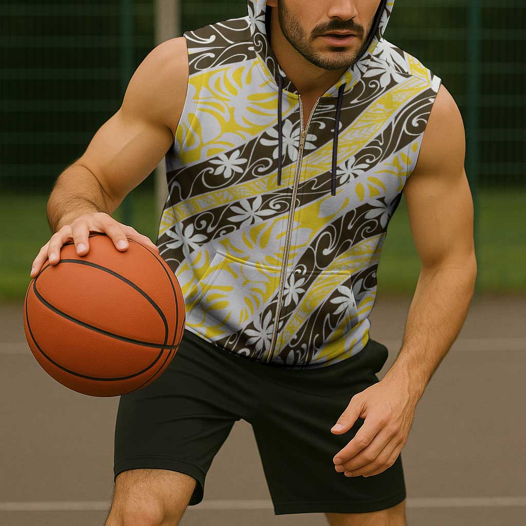 Rearea Tahiti Tiare Monstera Sleeveless Zip Hoodie Polynesian Pattern Curve Style - Polynesian Pride