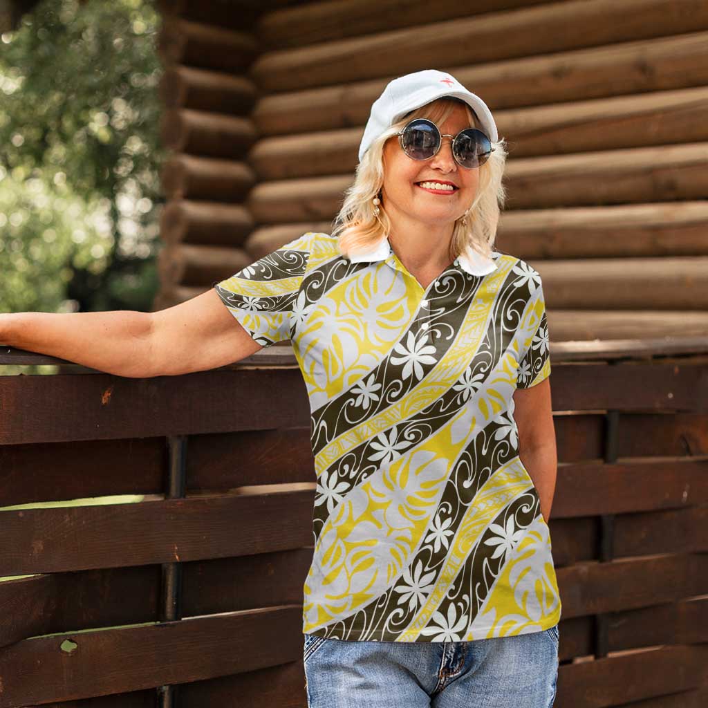 Rearea Tahiti Tiare Monstera Women Polo Shirt Polynesian Pattern Curve Style - Polynesian Pride