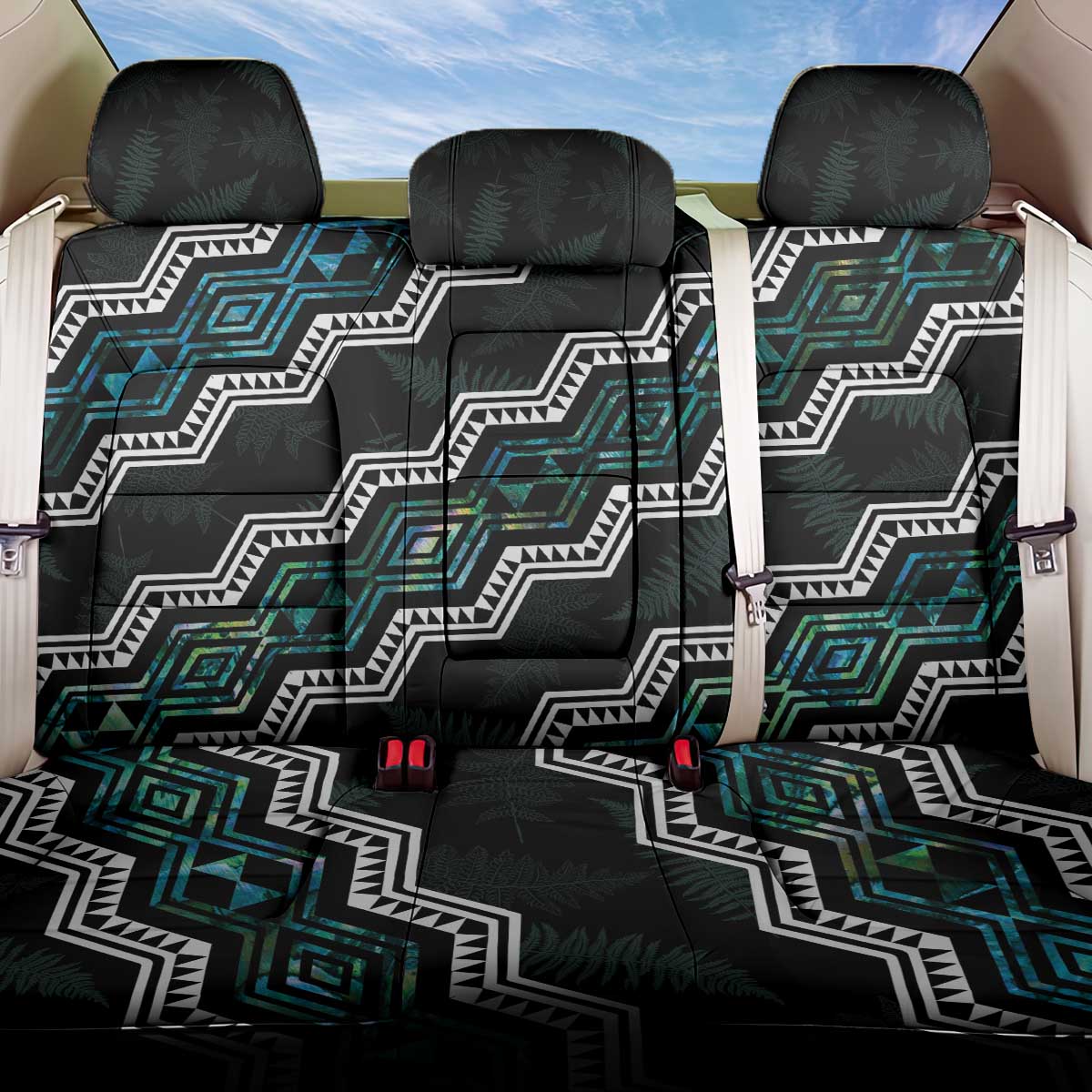Personalised Taniko Aotearoa Mix Paua Shell Back Car Seat Cover Niho Taniwha Turquoise Glitter