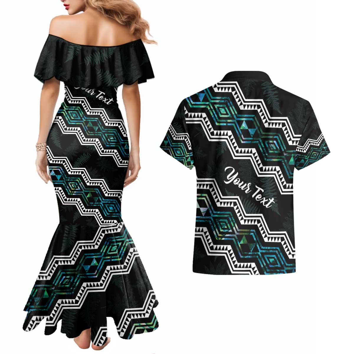 Personalised Taniko Aotearoa Mix Paua Shell Couples Matching Mermaid Dress and Hawaiian Shirt Niho Taniwha Turquoise Glitter