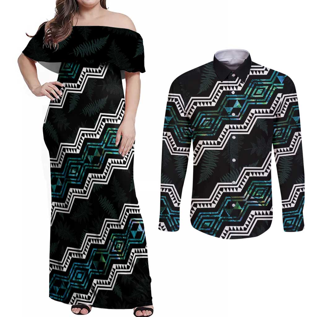 Personalised Taniko Aotearoa Mix Paua Shell Couples Matching Off Shoulder Maxi Dress and Long Sleeve Button Shirt Niho Taniwha Turquoise Glitter LT01 Turquoise - Polynesian Pride