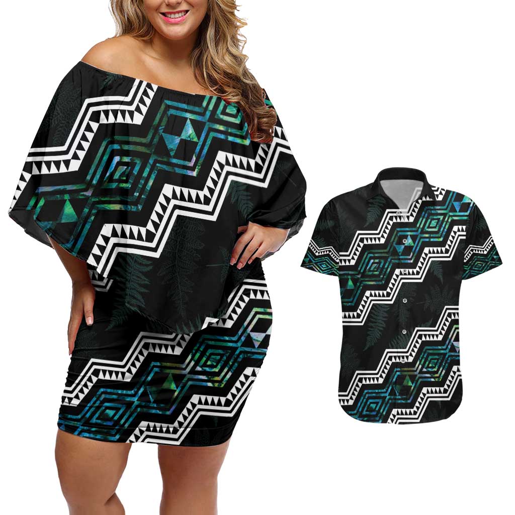 Personalised Taniko Aotearoa Mix Paua Shell Couples Matching Off Shoulder Short Dress and Hawaiian Shirt Niho Taniwha Turquoise Glitter