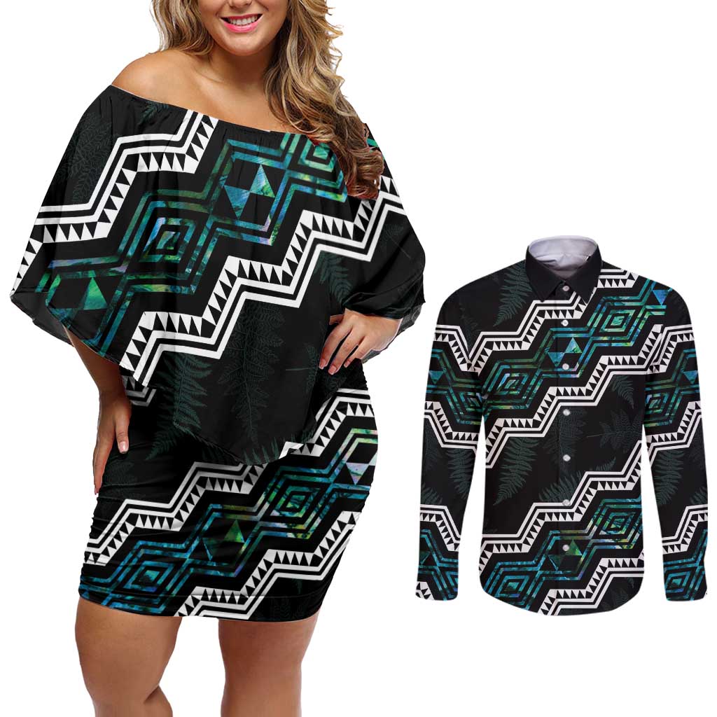 Personalised Taniko Aotearoa Mix Paua Shell Couples Matching Off Shoulder Short Dress and Long Sleeve Button Shirt Niho Taniwha Turquoise Glitter LT01 Turquoise - Polynesian Pride