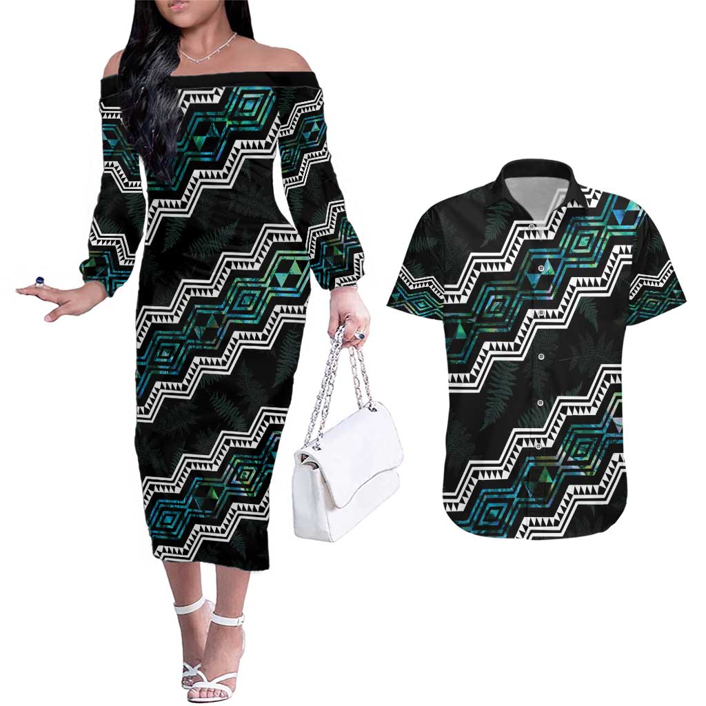 Personalised Taniko Aotearoa Mix Paua Shell Couples Matching Off The Shoulder Long Sleeve Dress and Hawaiian Shirt Niho Taniwha Turquoise Glitter