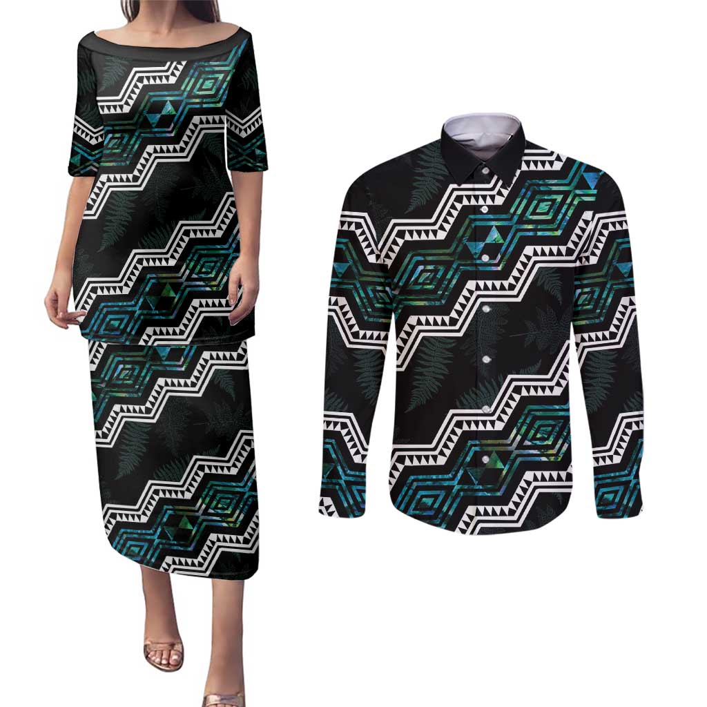 Personalised Taniko Aotearoa Mix Paua Shell Couples Matching Puletasi and Long Sleeve Button Shirt Niho Taniwha Turquoise Glitter LT01 Turquoise - Polynesian Pride