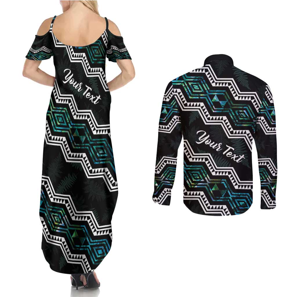 Personalised Taniko Aotearoa Mix Paua Shell Couples Matching Summer Maxi Dress and Long Sleeve Button Shirt Niho Taniwha Turquoise Glitter
