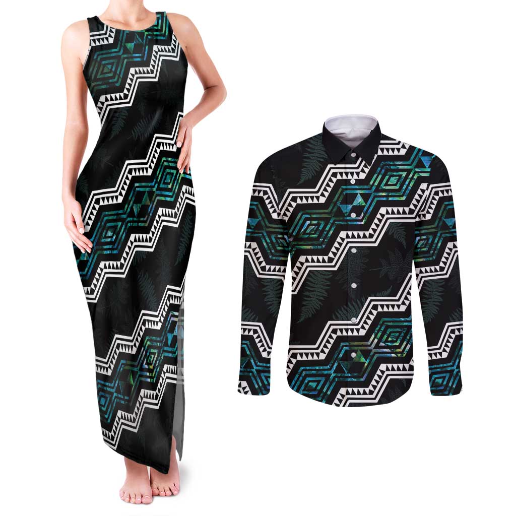 Personalised Taniko Aotearoa Mix Paua Shell Couples Matching Tank Maxi Dress and Long Sleeve Button Shirt Niho Taniwha Turquoise Glitter LT01 Turquoise - Polynesian Pride
