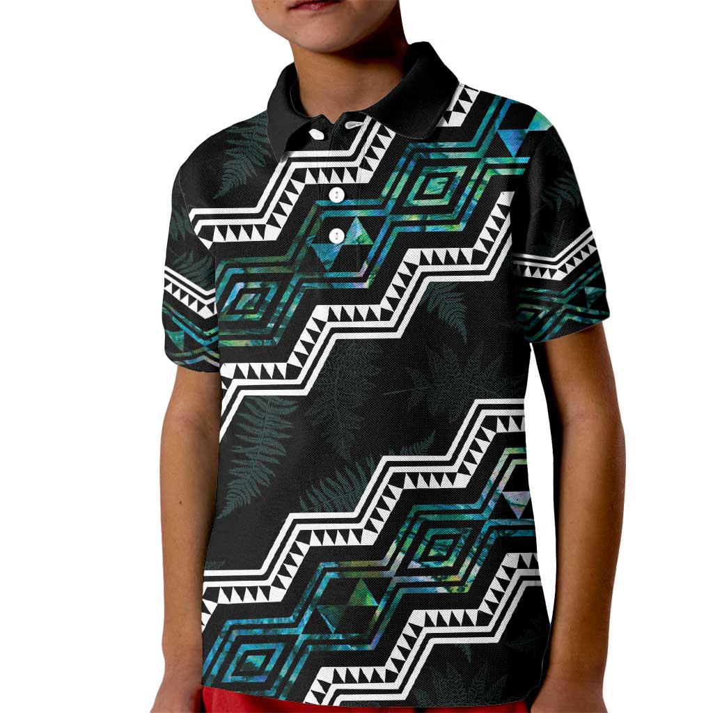 Personalised Taniko Aotearoa Mix Paua Shell Kid Polo Shirt Niho Taniwha Turquoise Glitter LT01 Kid Turquoise - Polynesian Pride