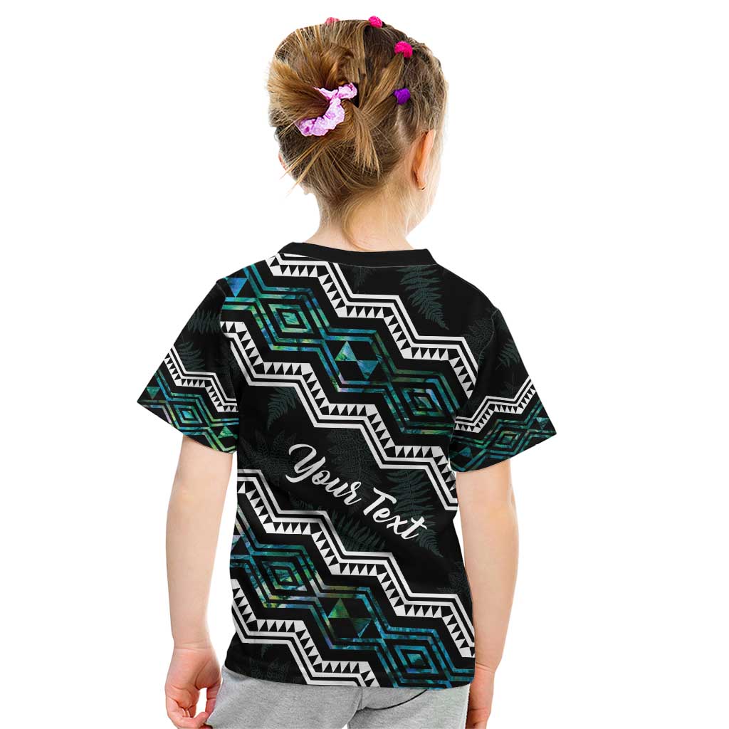 Personalised Taniko Aotearoa Mix Paua Shell Kid T Shirt Niho Taniwha Turquoise Glitter
