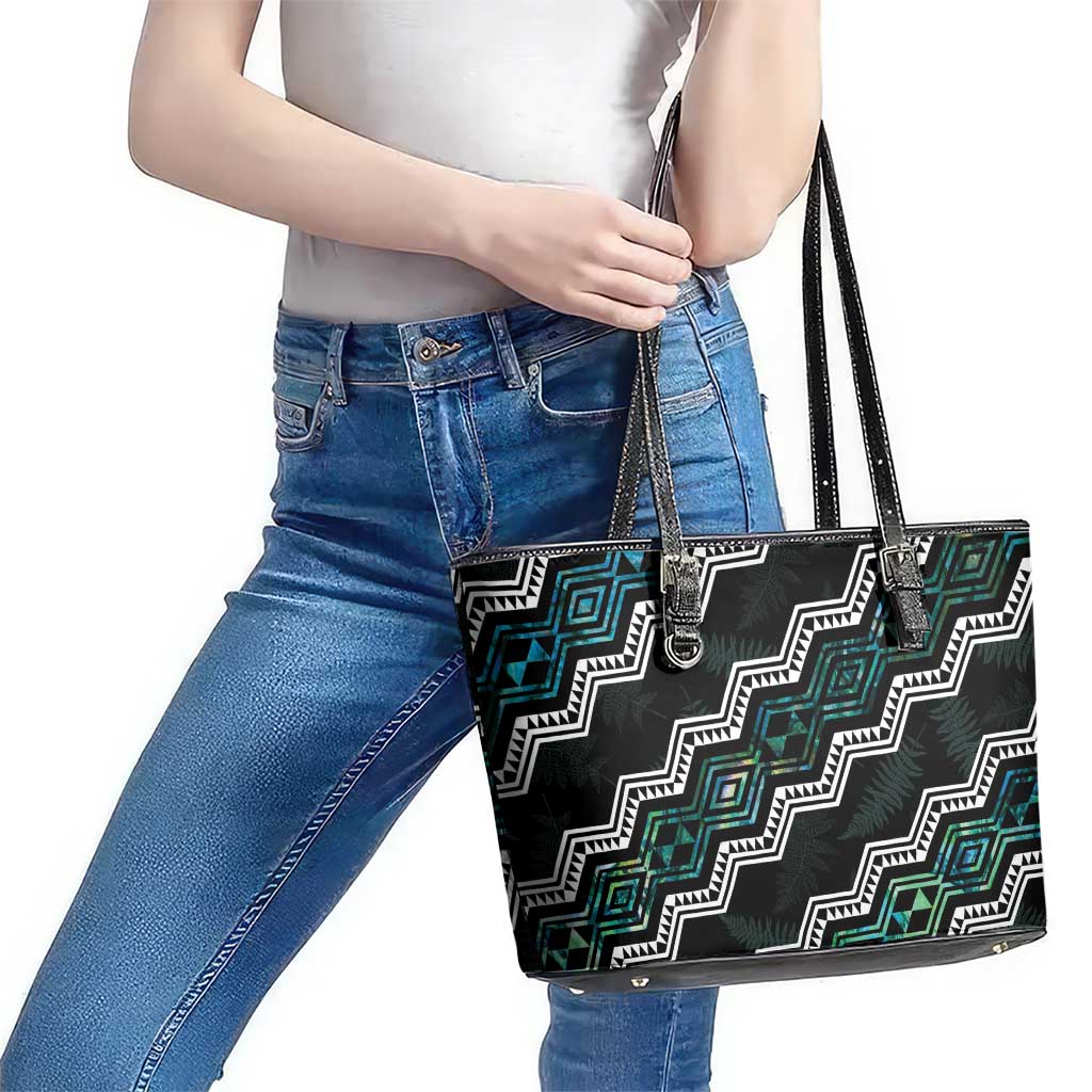 Personalised Taniko Aotearoa Mix Paua Shell Leather Tote Bag Niho Taniwha Turquoise Glitter