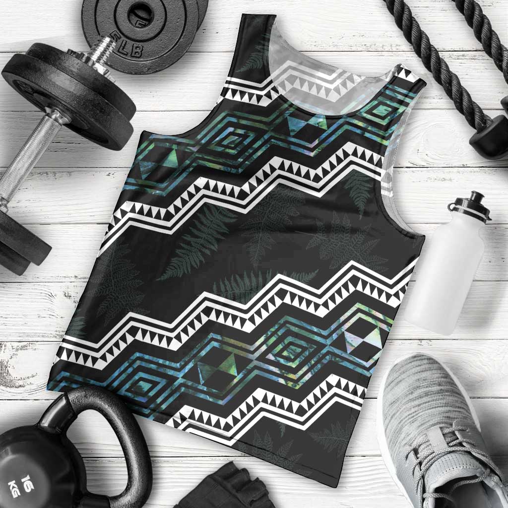 Personalised Taniko Aotearoa Mix Paua Shell Men Tank Top Niho Taniwha Turquoise Glitter