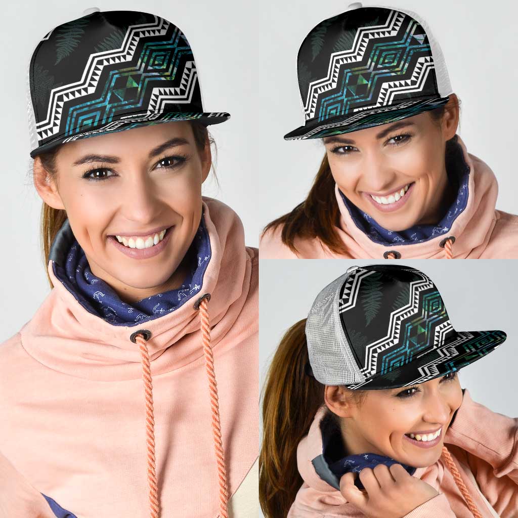 Taniko Aotearoa Mix Paua Shell Mesh Trucker Cap Niho Taniwha Turquoise Glitter - Polynesian Pride