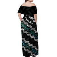 Personalised Taniko Aotearoa Mix Paua Shell Off Shoulder Maxi Dress Niho Taniwha Turquoise Glitter LT01 - Polynesian Pride