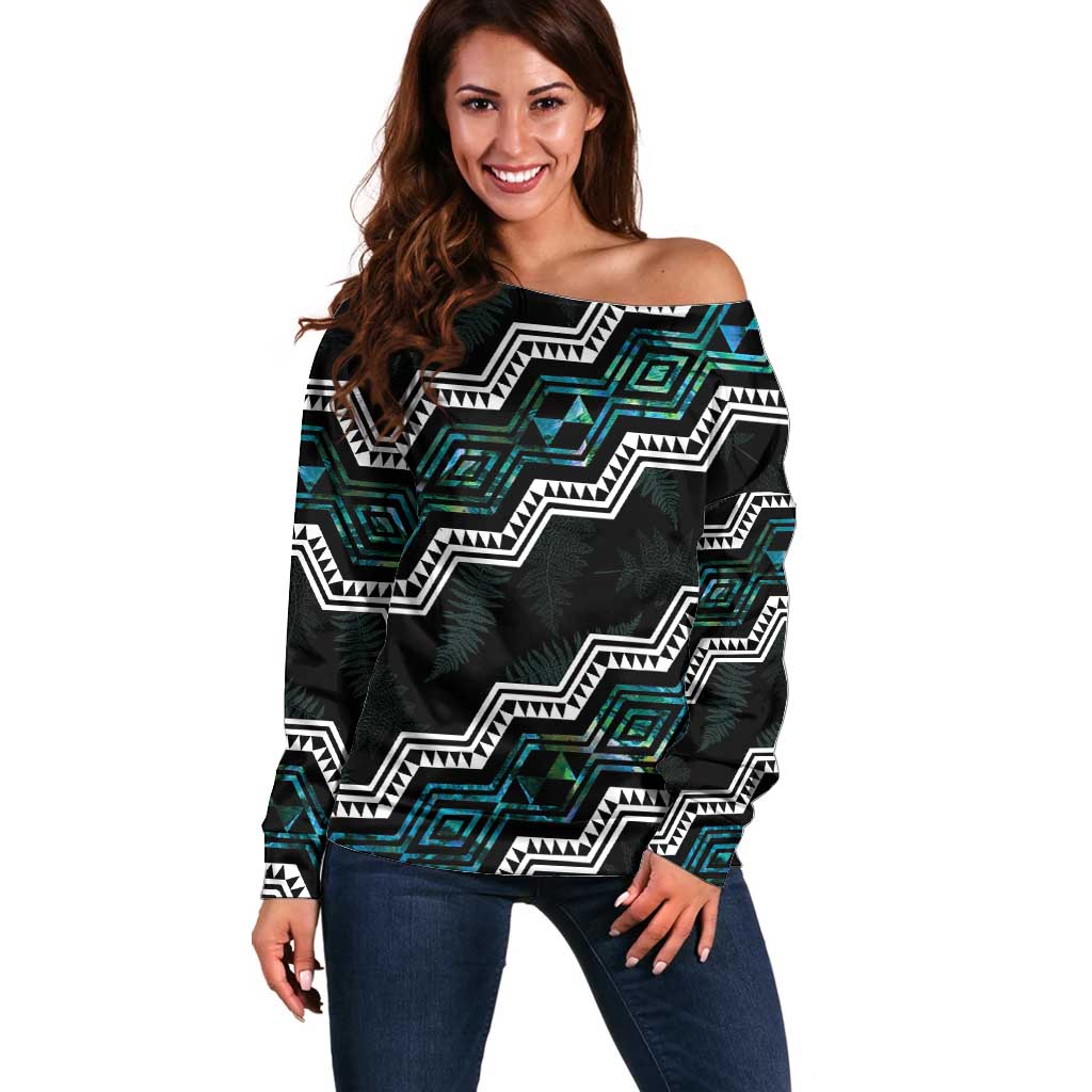 Personalised Taniko Aotearoa Mix Paua Shell Off Shoulder Sweater Niho Taniwha Turquoise Glitter LT01 Women Turquoise - Polynesian Pride