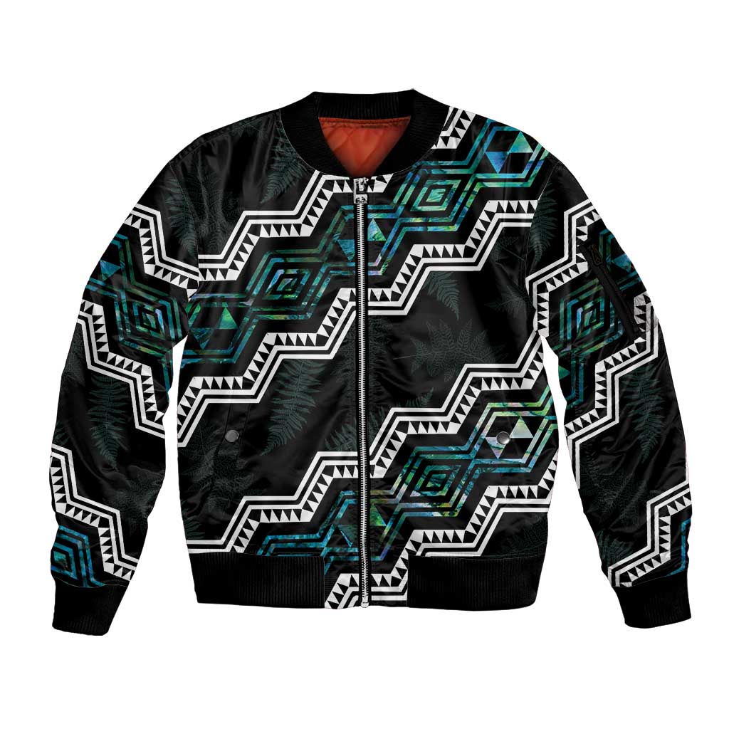 Personalised Taniko Aotearoa Mix Paua Shell Sleeve Zip Bomber Jacket Niho Taniwha Turquoise Glitter LT01 Unisex Turquoise - Polynesian Pride
