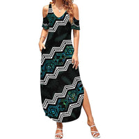 Personalised Taniko Aotearoa Mix Paua Shell Summer Maxi Dress Niho Taniwha Turquoise Glitter LT01 Women Turquoise - Polynesian Pride