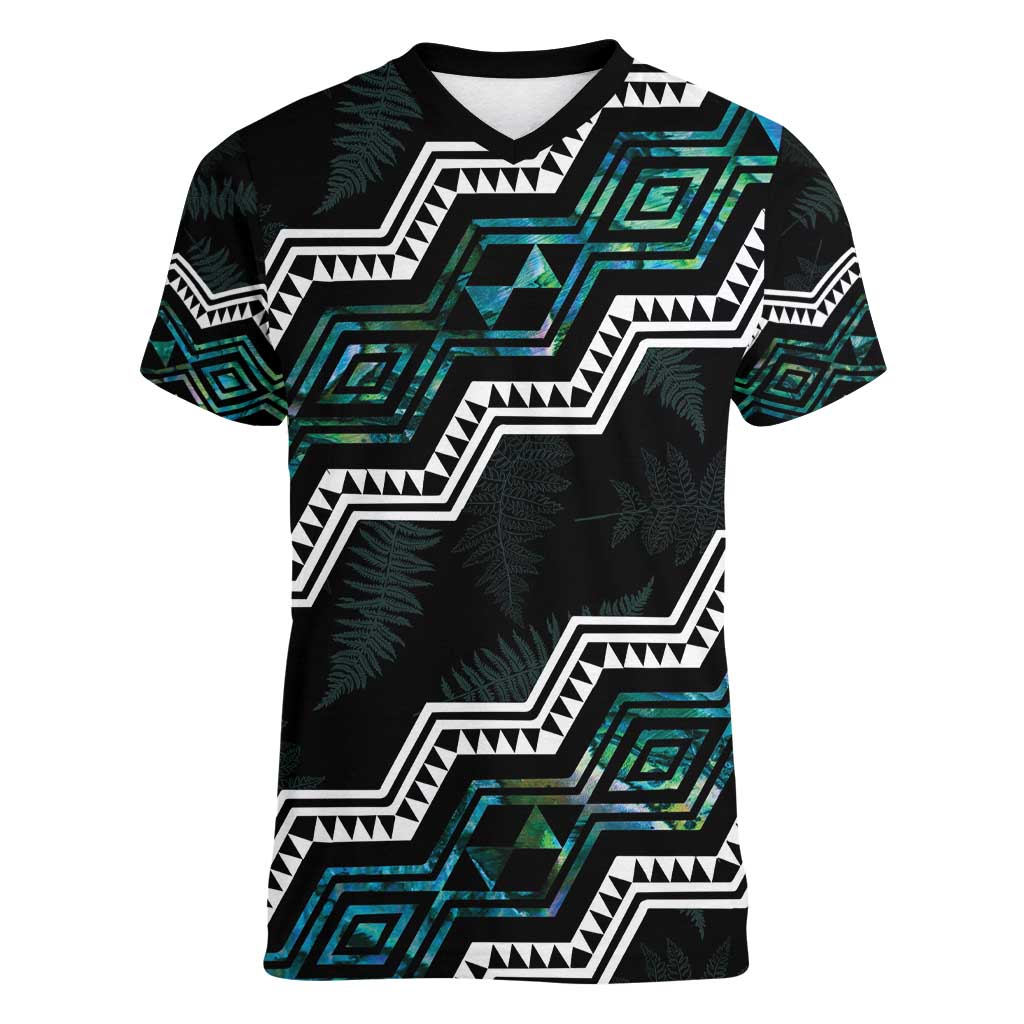 Personalised Taniko Aotearoa Mix Paua Shell Women V-Neck T-Shirt Niho Taniwha Turquoise Glitter