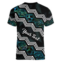 Personalised Taniko Aotearoa Mix Paua Shell Women V-Neck T-Shirt Niho Taniwha Turquoise Glitter