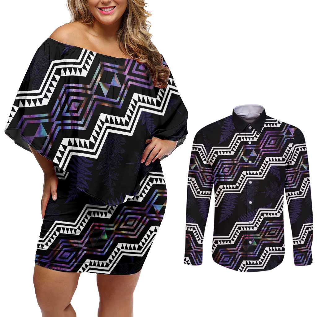 Personalised Taniko Aotearoa Mix Paua Shell Couples Matching Off Shoulder Short Dress and Long Sleeve Button Shirt Niho Taniwha Lilac Glitter