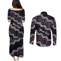 Personalised Taniko Aotearoa Mix Paua Shell Couples Matching Puletasi and Long Sleeve Button Shirt Niho Taniwha Lilac Glitter