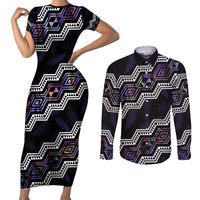 Personalised Taniko Aotearoa Mix Paua Shell Couples Matching Short Sleeve Bodycon Dress and Long Sleeve Button Shirt Niho Taniwha Lilac Glitter
