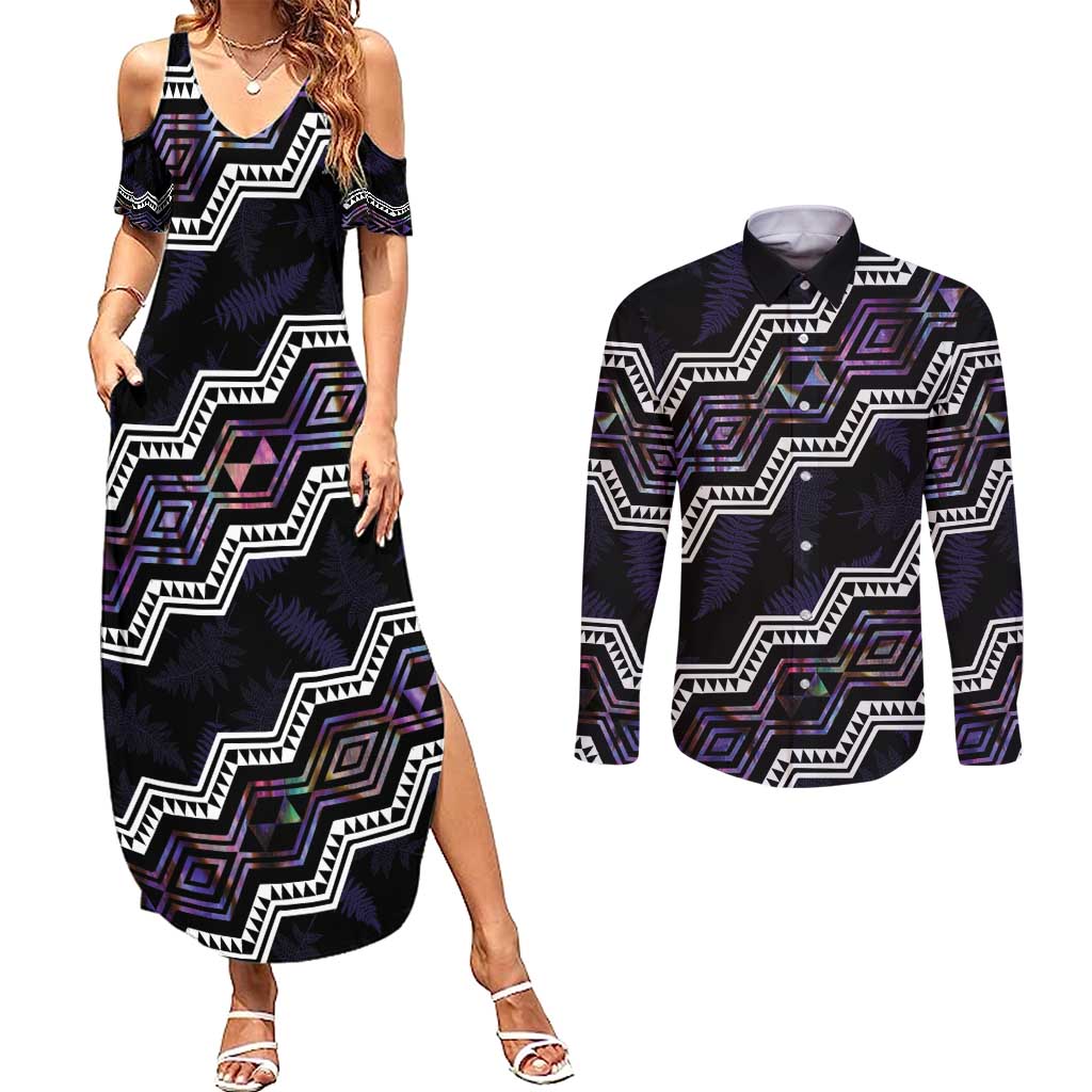 Personalised Taniko Aotearoa Mix Paua Shell Couples Matching Summer Maxi Dress and Long Sleeve Button Shirt Niho Taniwha Lilac Glitter