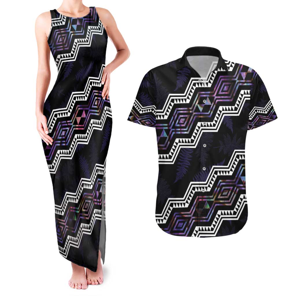 Personalised Taniko Aotearoa Mix Paua Shell Couples Matching Tank Maxi Dress and Hawaiian Shirt Niho Taniwha Lilac Glitter