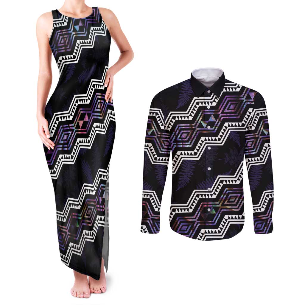 Personalised Taniko Aotearoa Mix Paua Shell Couples Matching Tank Maxi Dress and Long Sleeve Button Shirt Niho Taniwha Lilac Glitter
