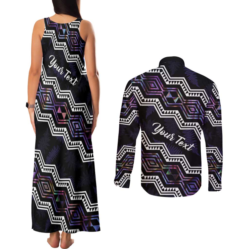Personalised Taniko Aotearoa Mix Paua Shell Couples Matching Tank Maxi Dress and Long Sleeve Button Shirt Niho Taniwha Lilac Glitter